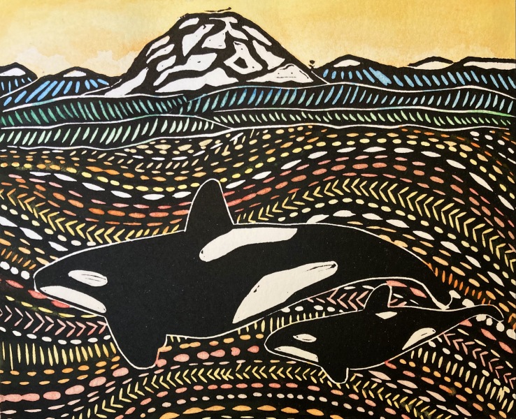 Orca and Calf by Hannah Mason, Linocut Print