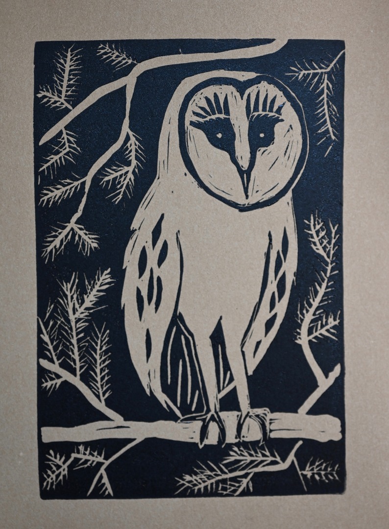 Owl 2 Brown by Hannah Mason, Linocut Print