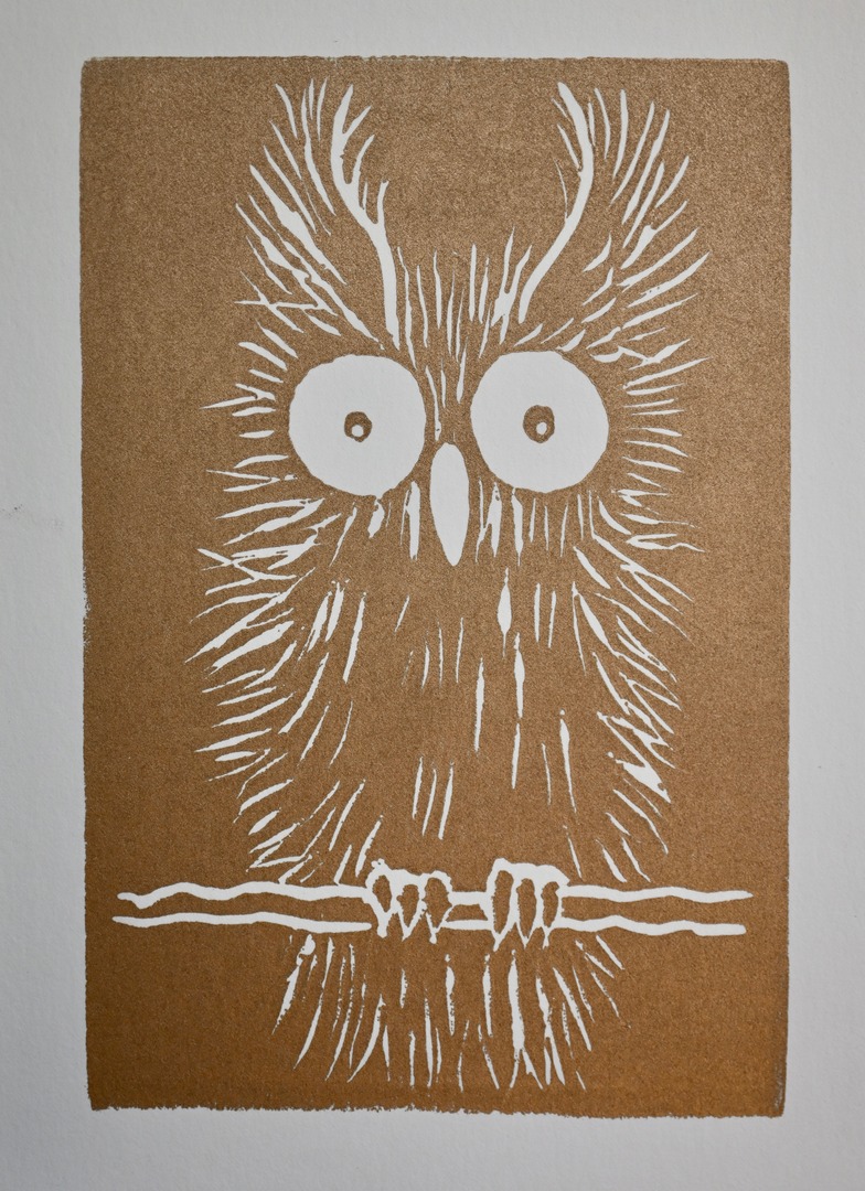 Owl 3 Gold by Hannah Mason, Linocut Print