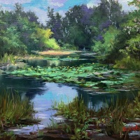 Frankie-Gollub_Water-Lilies-Under-Lavender-Sky_11x14_Oil